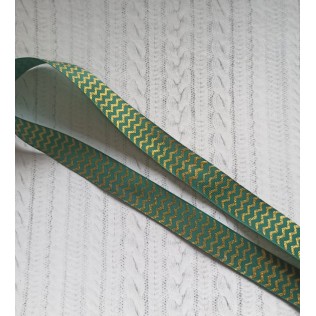 Лента репсовая 25 мм с рисунком Зиг-заг зелёный - золото